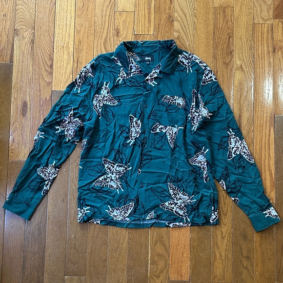 Stussy Teal Moth Print Casual Shirt - Picture 1 of 4